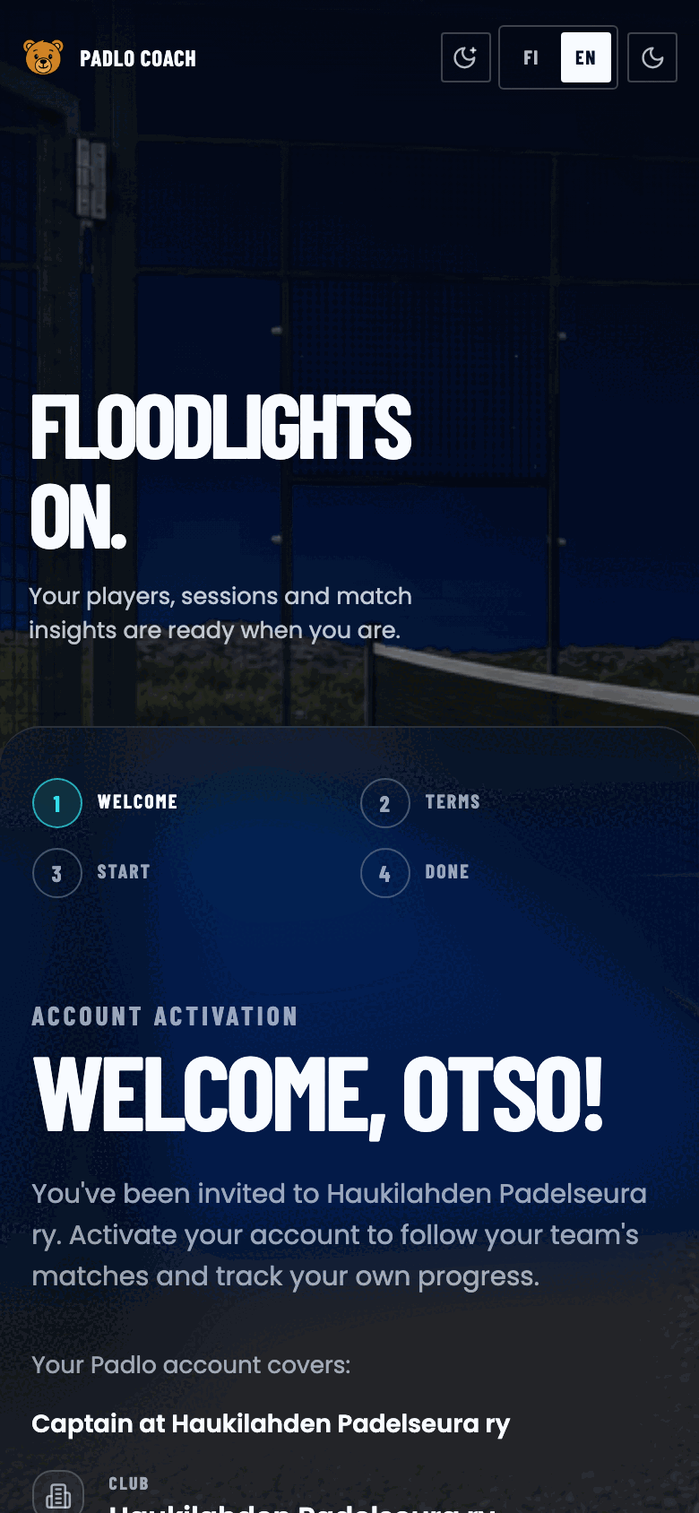 Welcome screen showing the club, team and role, with a Continue button.
