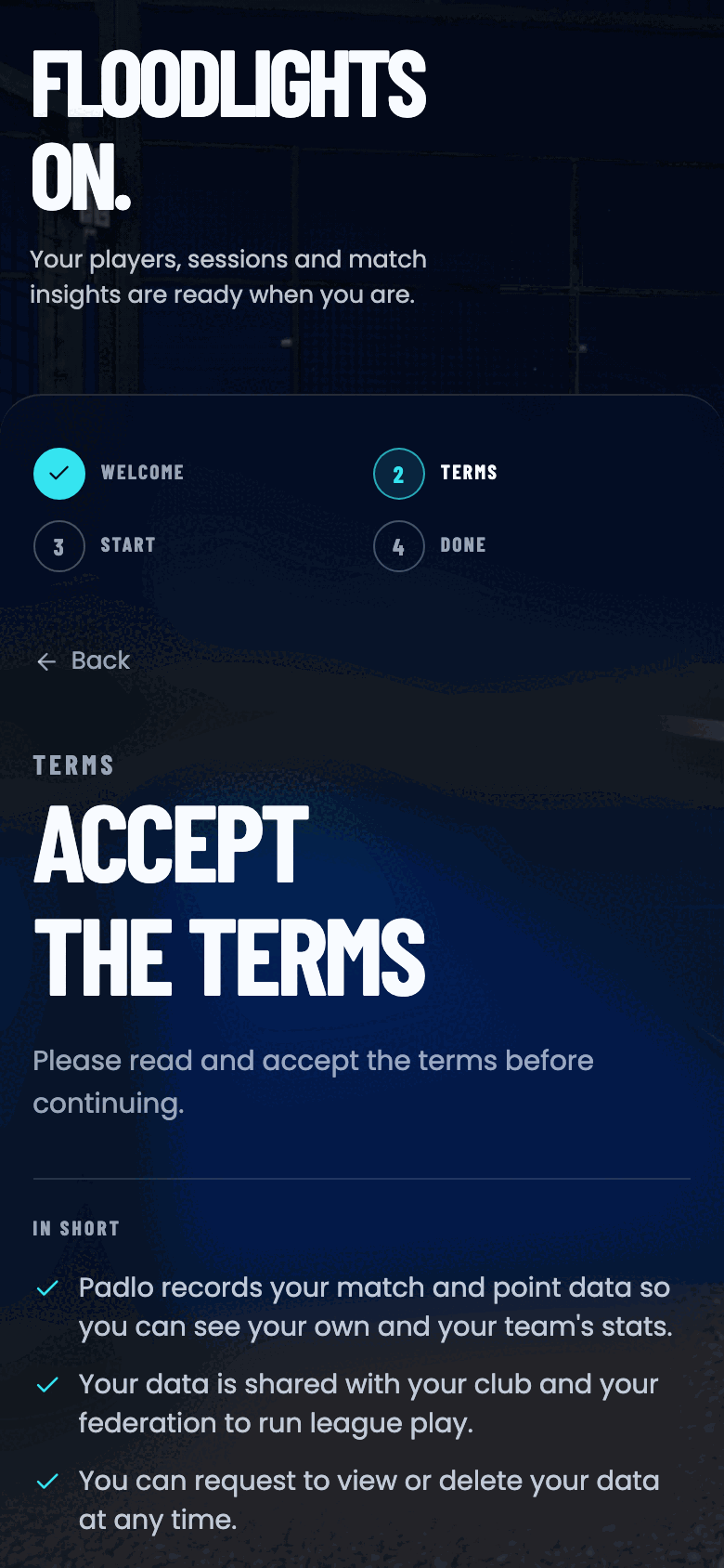Accept the terms screen with a summary, a checkbox and an Accept and continue button.