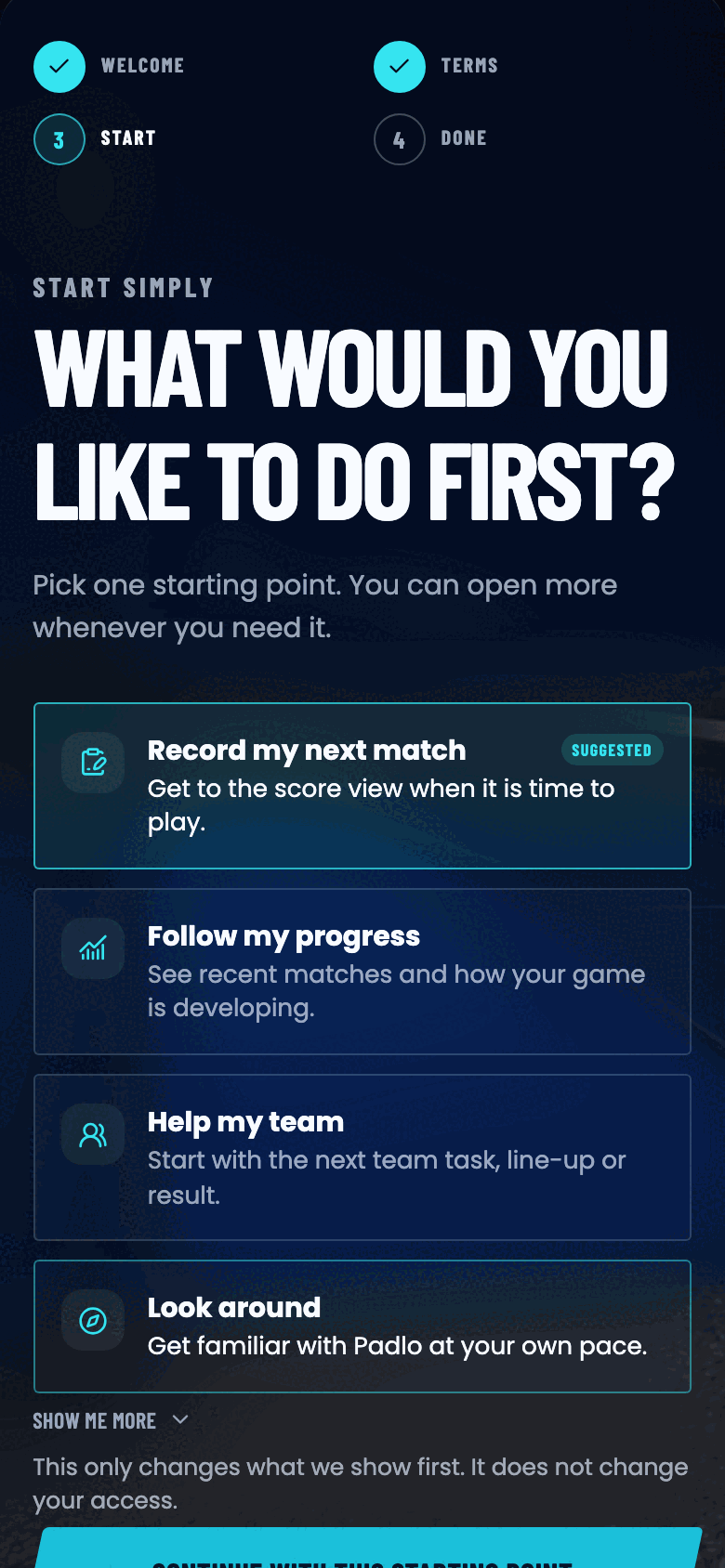 Start simply screen with four starting points.