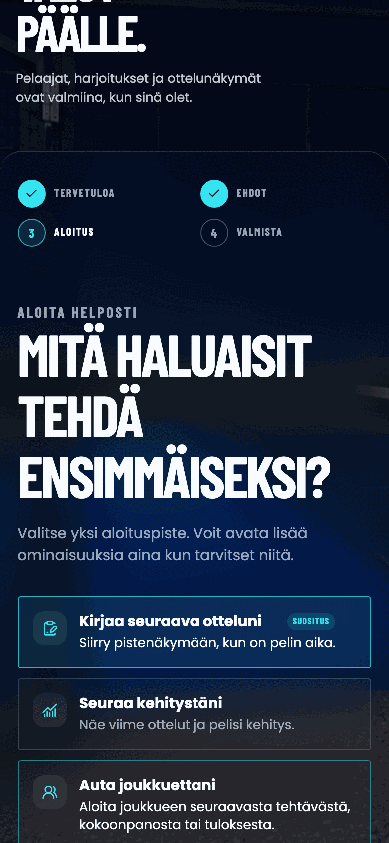 Aloita helposti -näkymä neljällä aloituspisteellä.