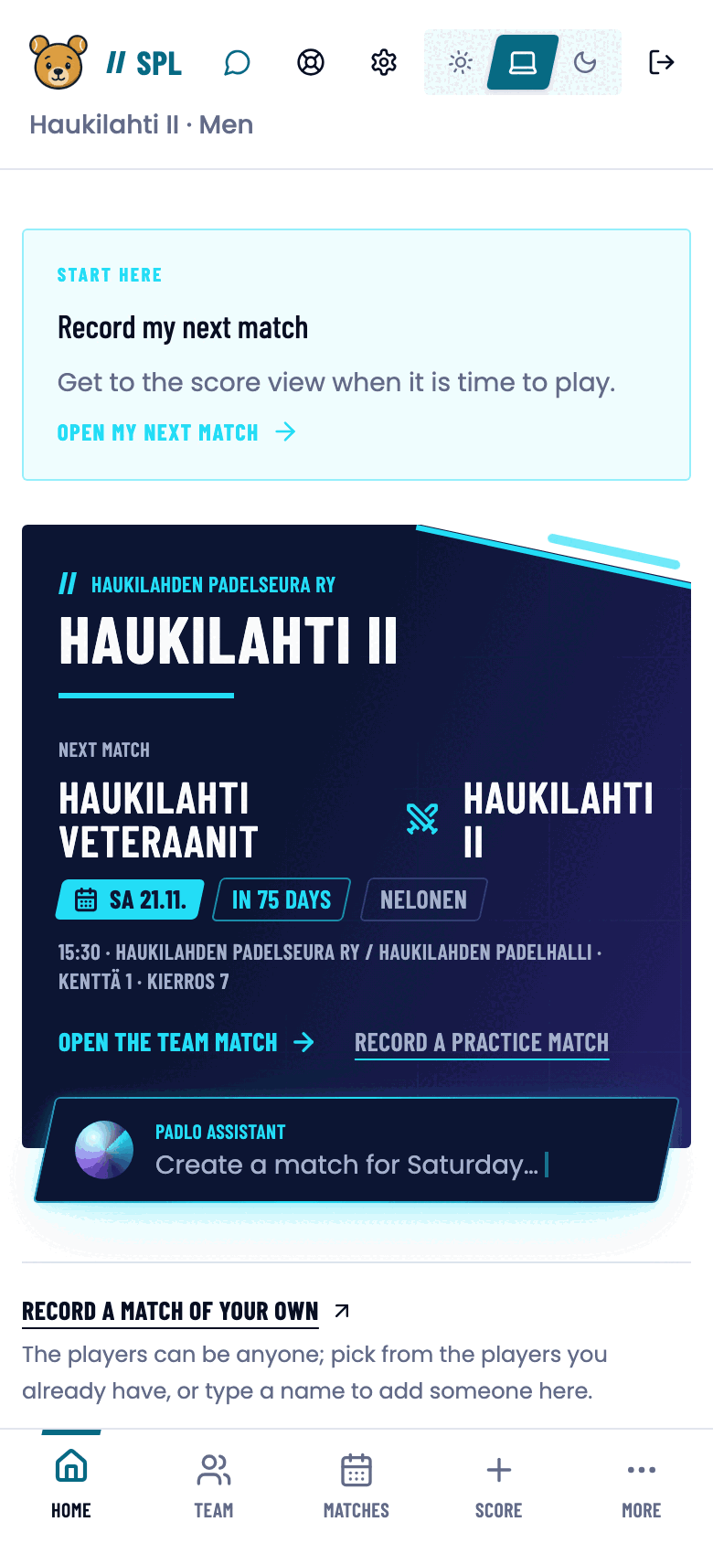 League home on a phone: next match, match types and match totals.