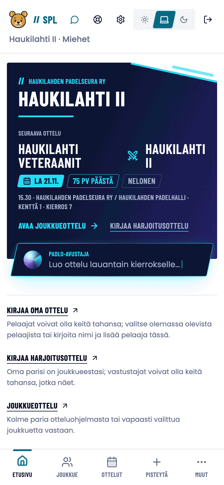 Sarjapadelin etusivu puhelimella: seuraava ottelu, ottelutyypit ja ottelutilastot.