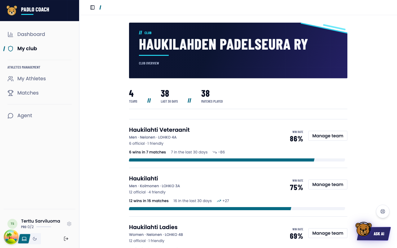 The club page: club dashboard and team list.