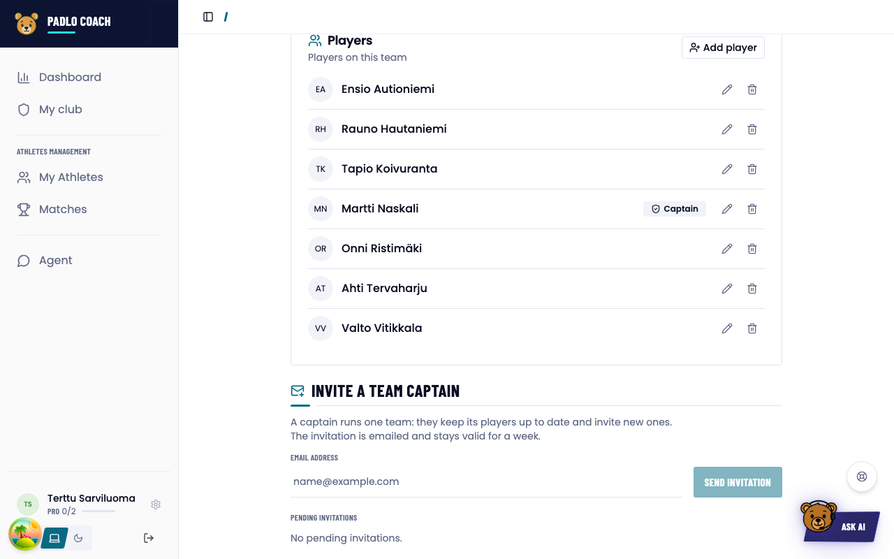 The Manage tab player list and the Add player button.