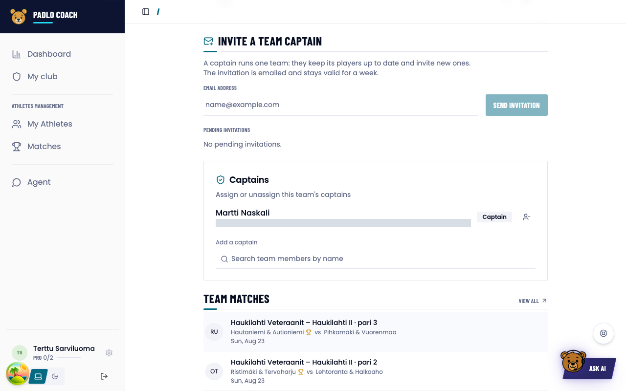The Invite a team captain form and the pending invitations list.