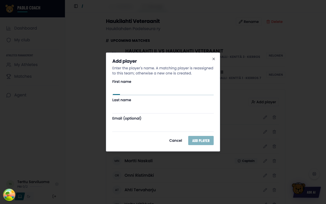 The Add player dialog with first name, last name and an optional email.