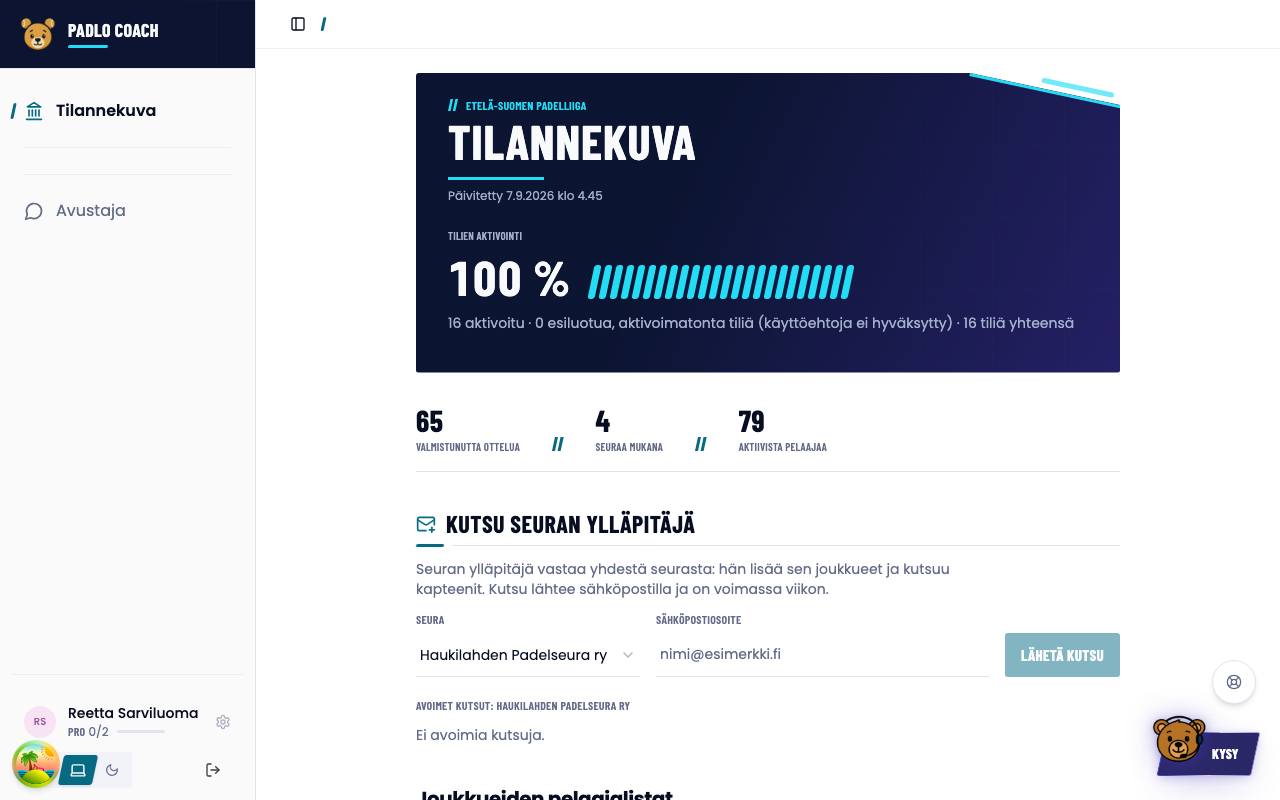 Liiton tilannekuva: tilien aktivointi ja kauden luvut.