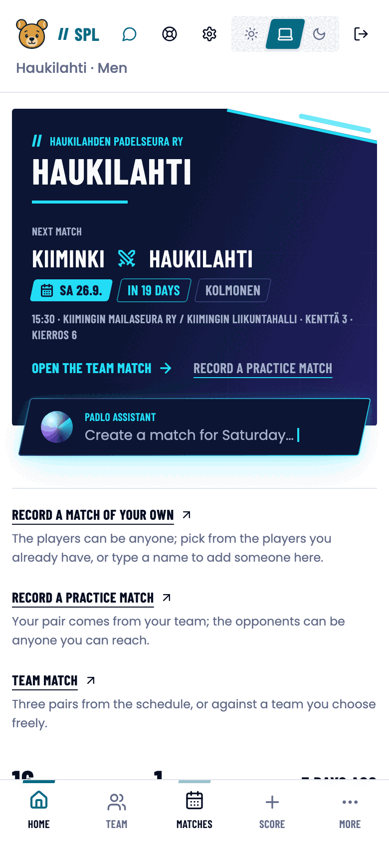League home on a phone: next match, match types and match totals.