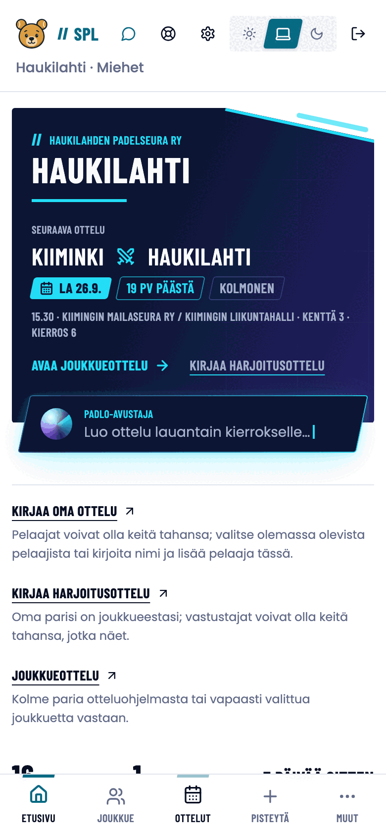 Sarjapadelin etusivu puhelimella: seuraava ottelu, ottelutyypit ja ottelutilastot.