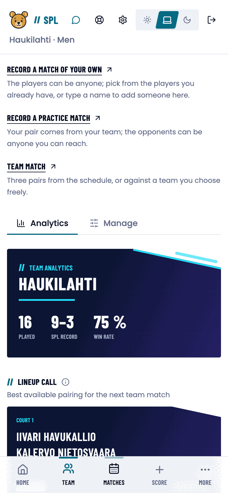 Team analytics on a phone: season figures and a lineup suggestion for three courts.