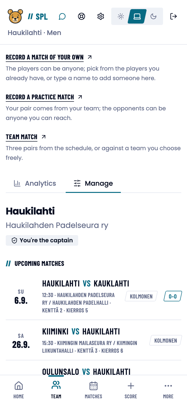 The Manage tab: the You're the captain badge, the schedule and the players card.