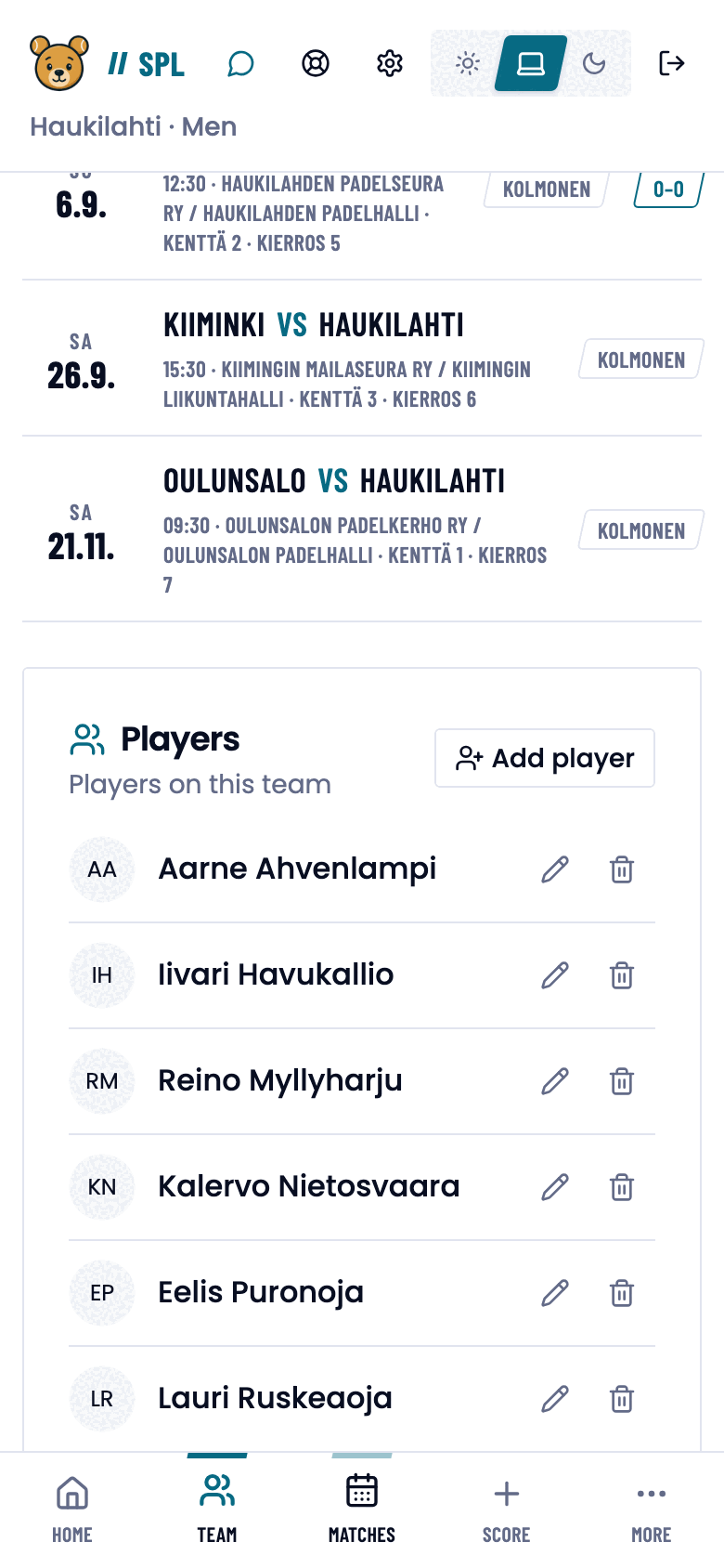 Players card: the team's eight players, each row with a pencil and a bin icon.