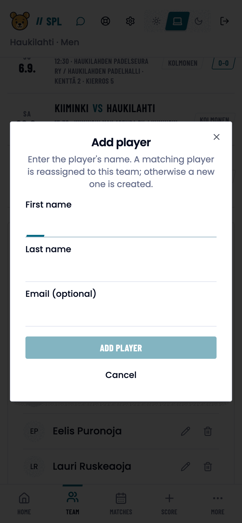 Add player dialog with first name, last name and email fields.