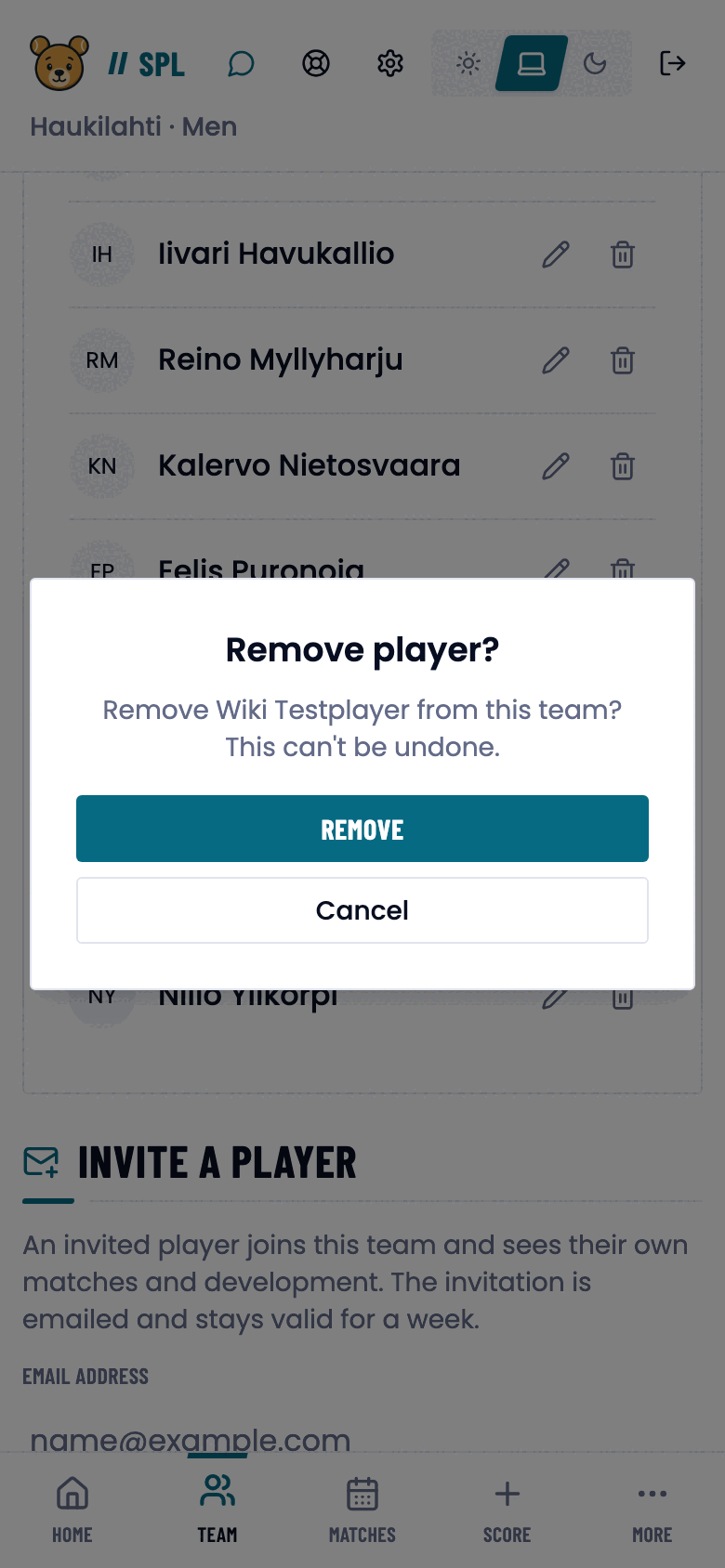 Remove player? confirmation dialog.