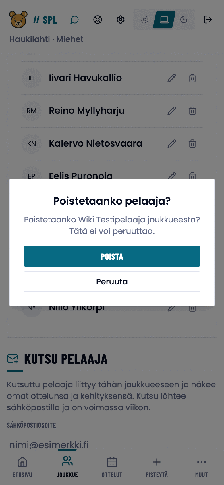 Poistetaanko pelaaja? -vahvistusikkuna.