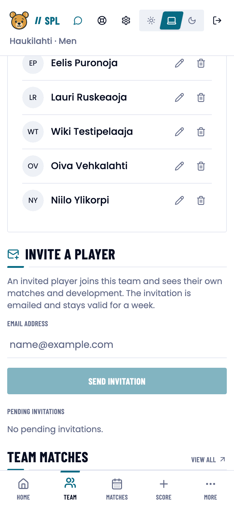 Invite a player card with an email field and a Send invitation button.