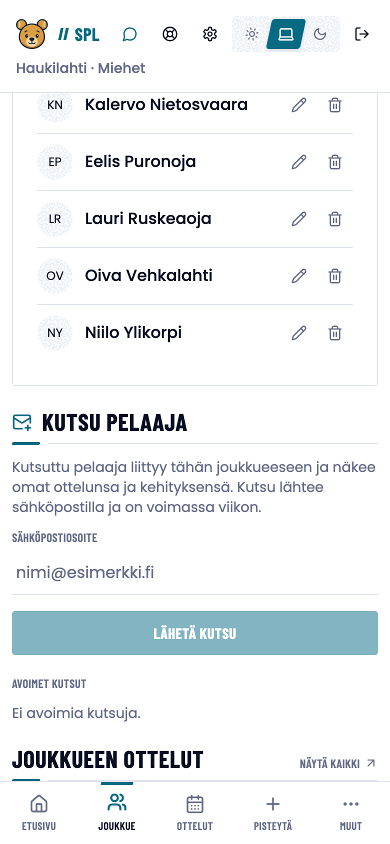 Kutsu pelaaja -kortti sähköpostikentällä ja Lähetä kutsu -painikkeella.