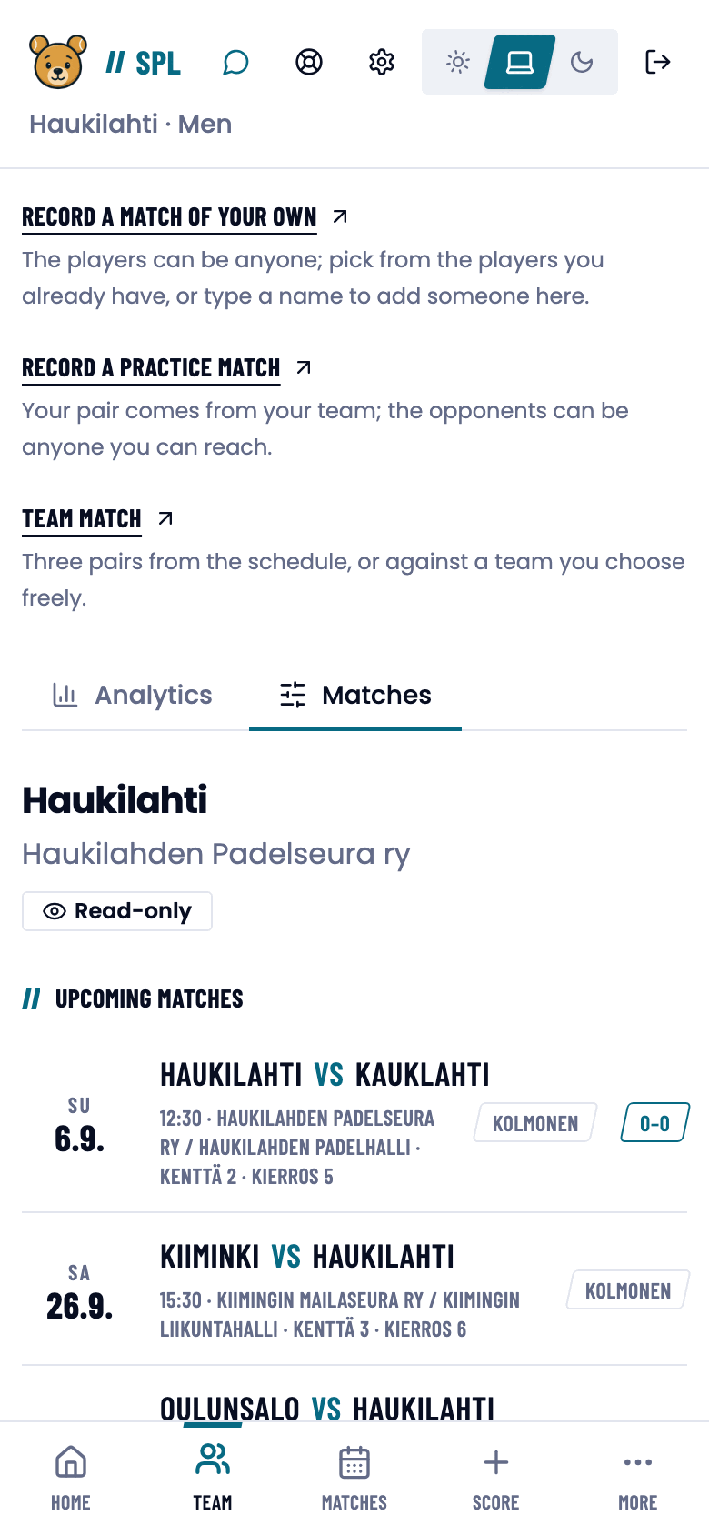 The Matches tab of the team page in a player's view.