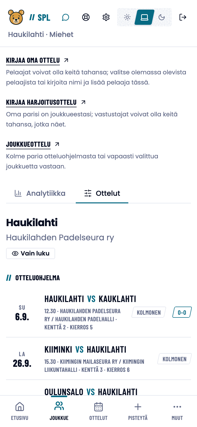 Joukkuesivun Ottelut-välilehti pelaajan näkymässä.