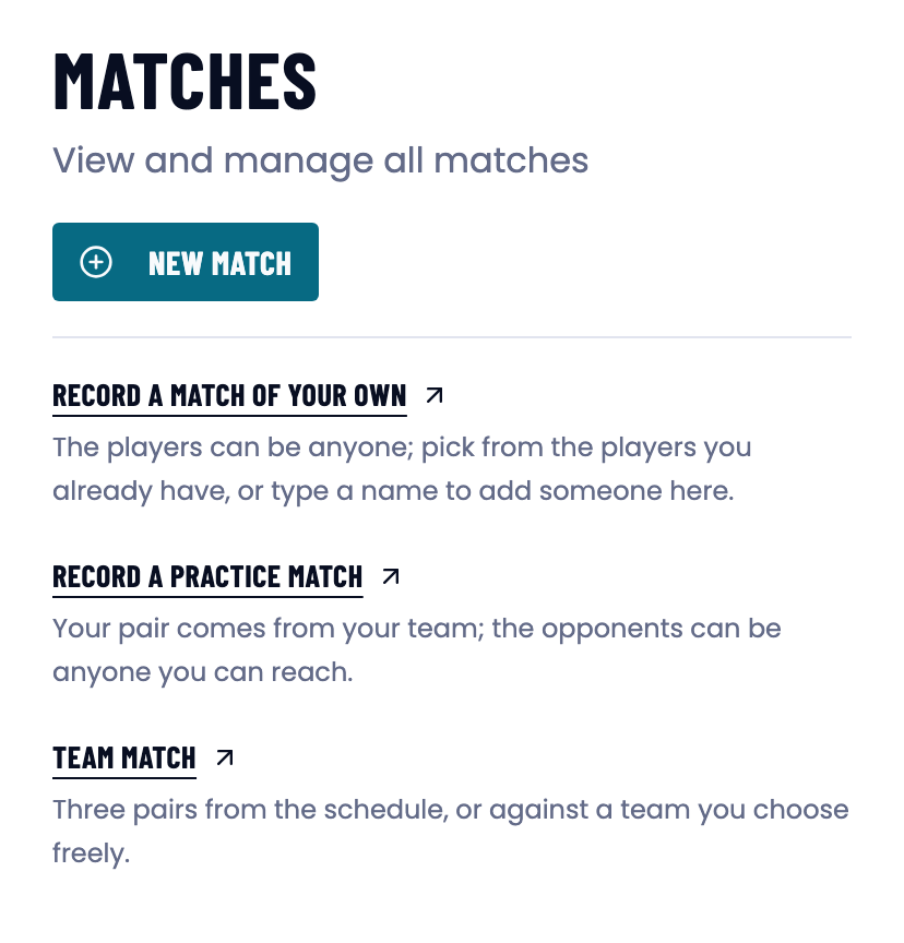 Three ways to record a match: Record a match of your own, Record a practice match and Team match, each with a one-line description.