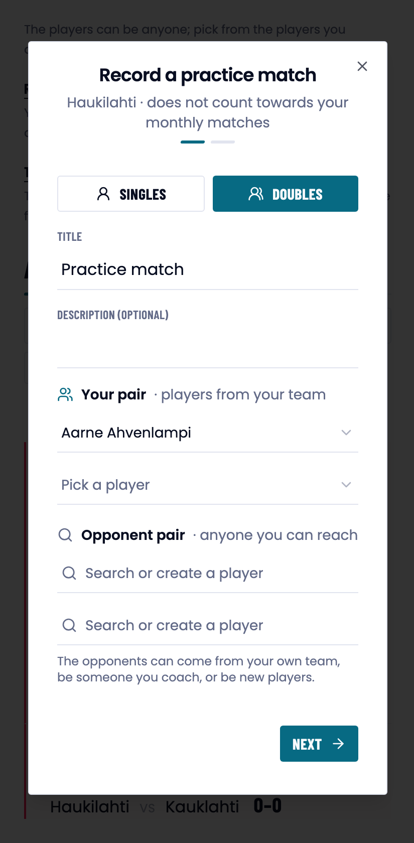The practice-match form whose subtitle says it does not count towards your monthly matches.