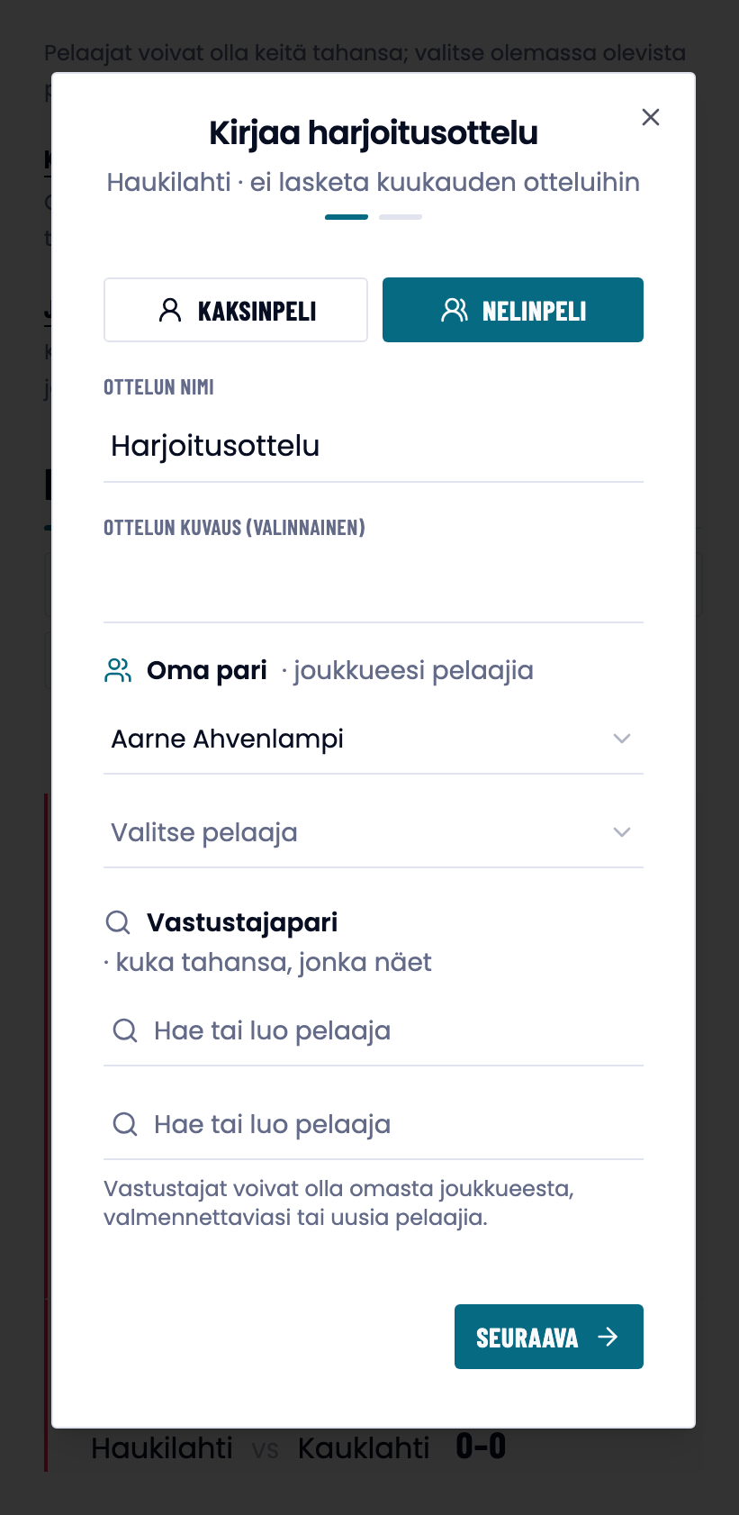 Harjoitusottelun lomake, jonka otsikon alla lukee ei lasketa kuukauden otteluihin.