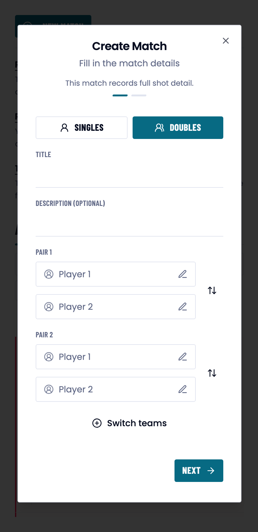 The own match form: Create match, with pair 1 and pair 2 as free name fields.
