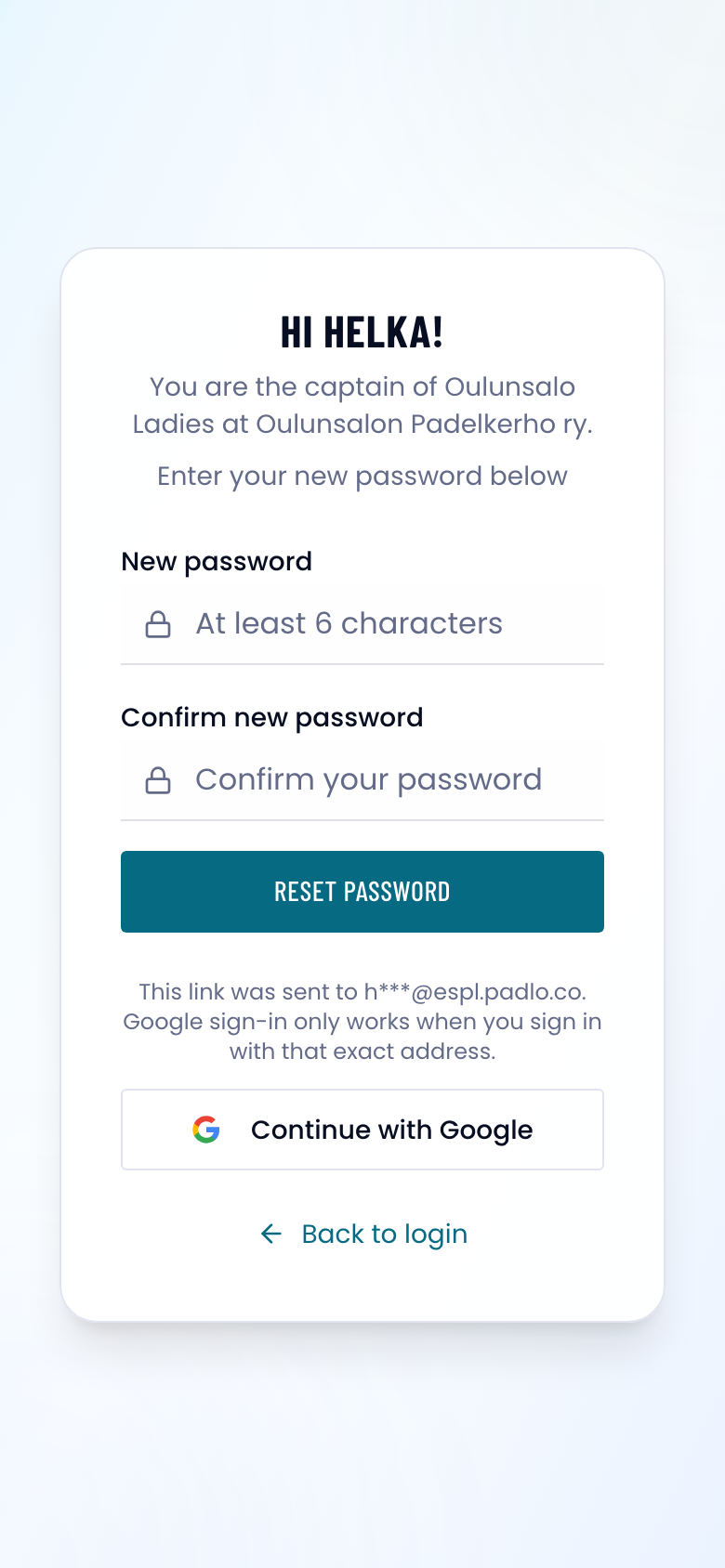 Set new password screen greeting the captain by name, with two password fields and a Reset password button.