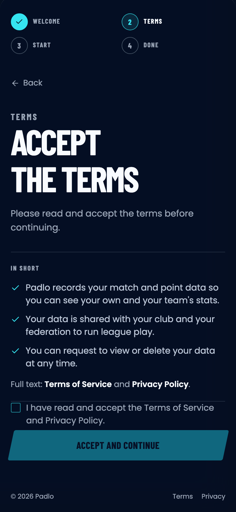 Accept the terms screen: a short summary, a checkbox and an Accept and continue button.
