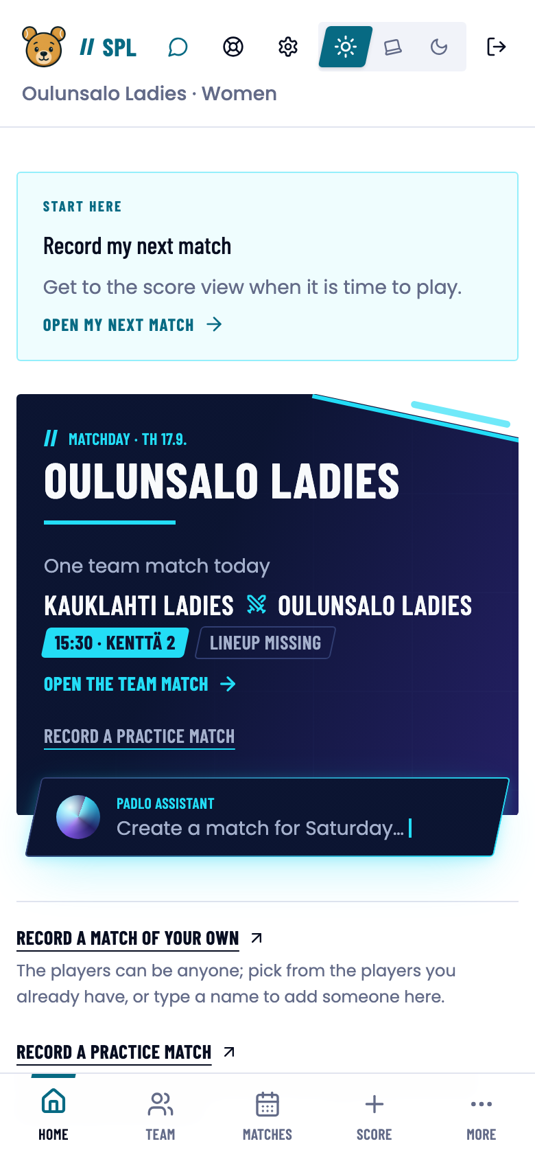 League home on a phone: a Start here card and a matchday card with an Open the team match link.