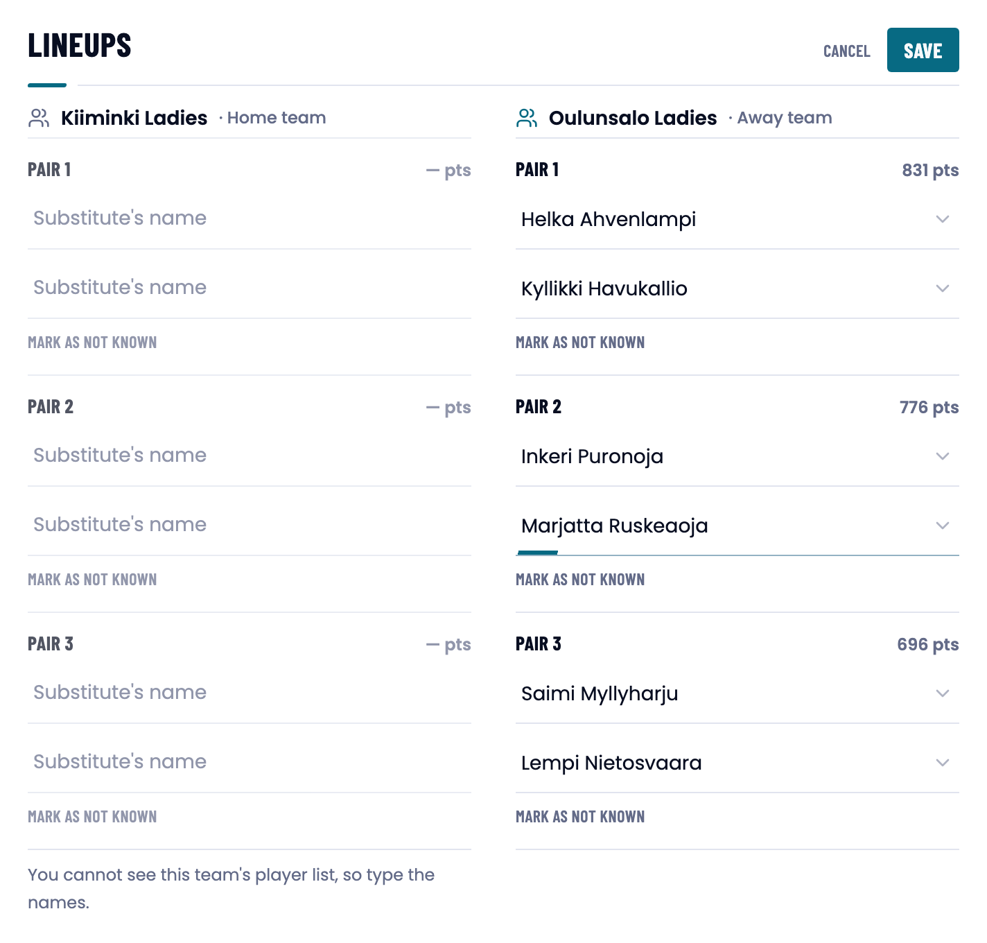 The lineup editor with both teams side by side, name fields for three pairs and a Save button.