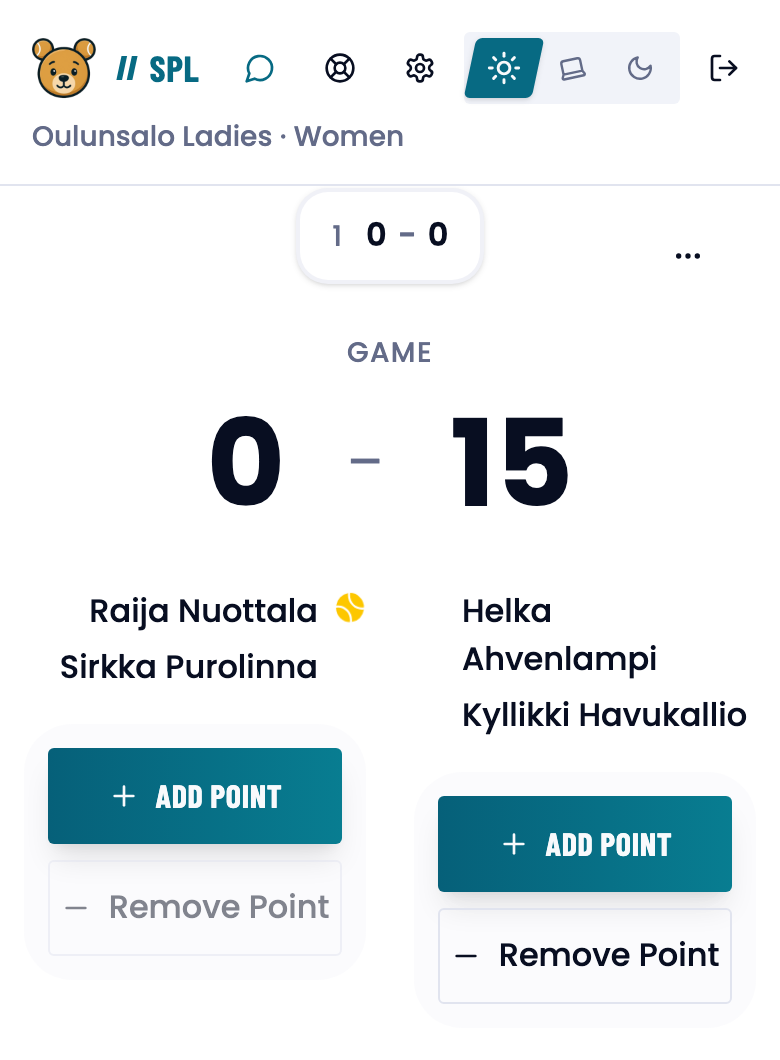 The score view of a pair's match: game score 0-15 and an Add point button for each side.