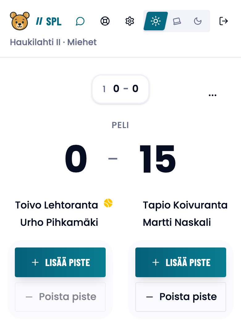 Parin ottelun pistenäkymä: pelin tilanne 0-15 ja Lisää piste -painike kummallekin puolelle.