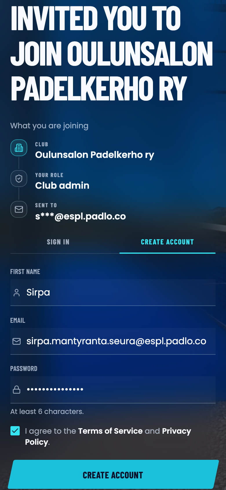 The invitation page: club, role and address at the top, then a create-account form with first name, email, password and a terms checkbox.