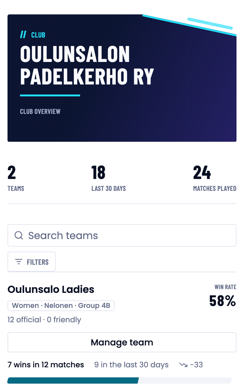 The club page: club name, team and match totals, a team search box and a team card with a Manage team button.