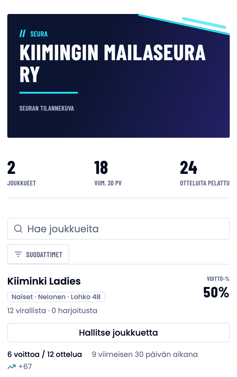 Seurasivu: seuran nimi, joukkueiden ja otteluiden määrät, hakukenttä ja joukkuekortti painikkeella Hallitse joukkuetta.
