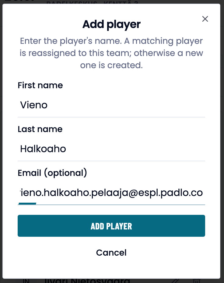 The Add player dialog with first name, last name and optional email fields and an Add player button.