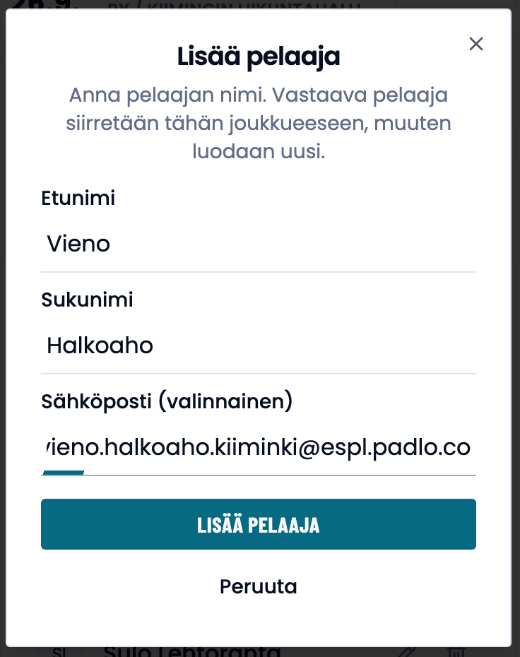Lisää pelaaja -ikkuna, jossa etunimi, sukunimi ja valinnainen sähköposti sekä painike Lisää pelaaja.