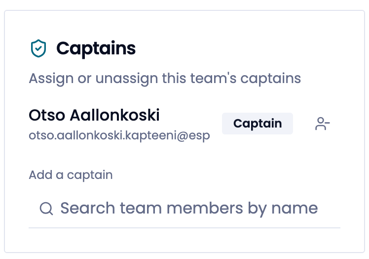 The Captains card listing the current captain and a search field reading Search team members by name.