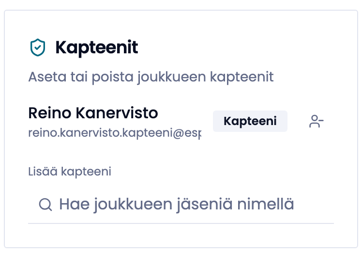 Kapteenit-kortti, jossa nykyinen kapteeni ja hakukenttä Hae joukkueen jäseniä nimellä.