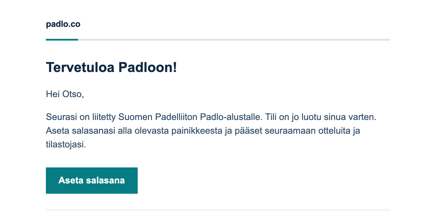 Kutsuviesti otsikolla Tervetuloa Padloon ja vihreä Aseta salasana -painike.