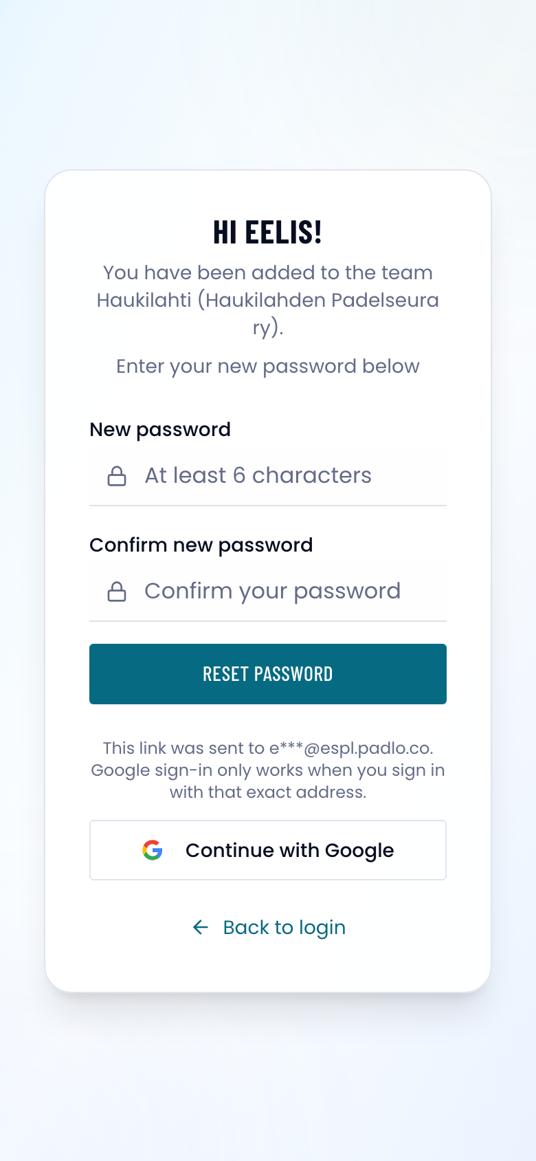 Set new password screen greeting the player by name, with two password fields and a Reset password button.