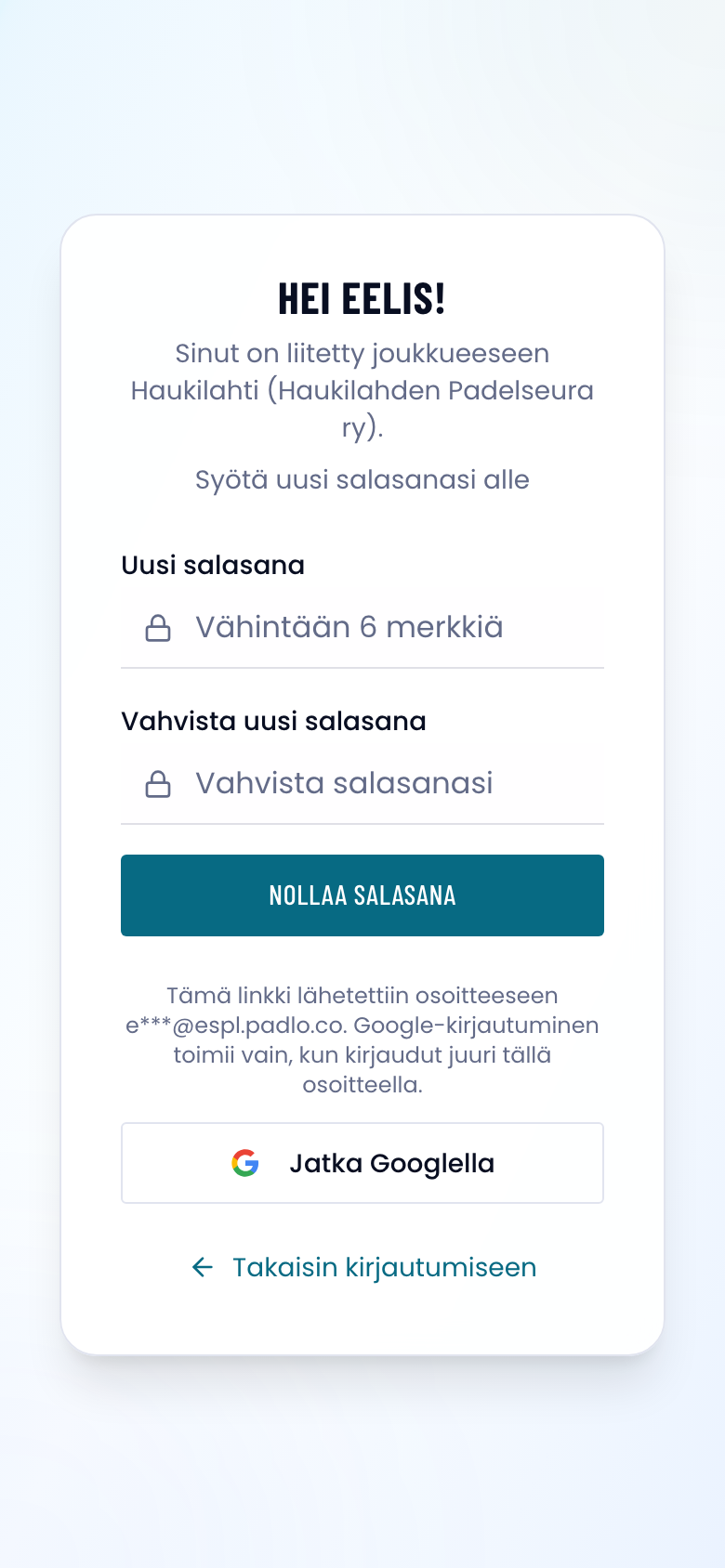 Aseta uusi salasana -näkymä, joka tervehtii pelaajaa nimellä, kaksi salasanakenttää ja Nollaa salasana -painike.