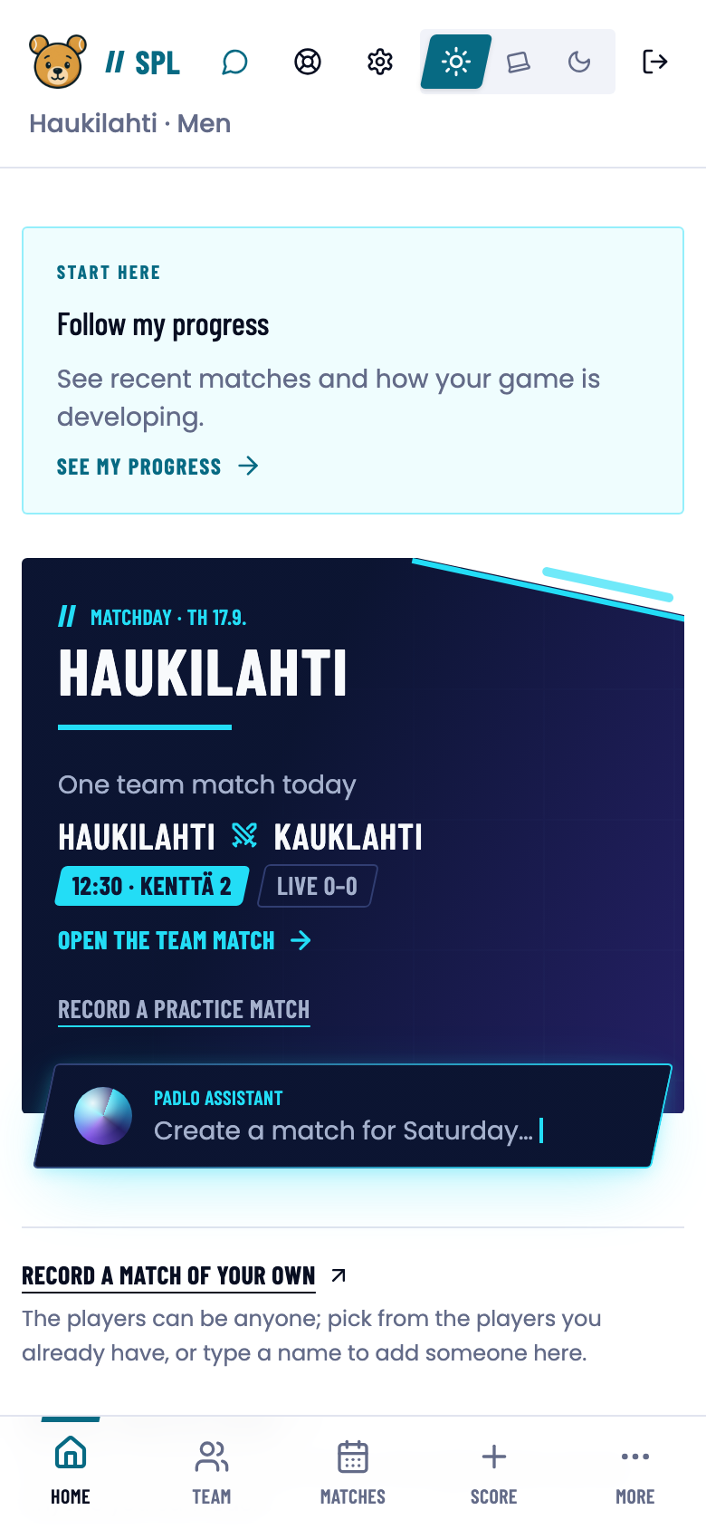 League home on a phone with a Start here card reading Follow my progress and a matchday card below it.