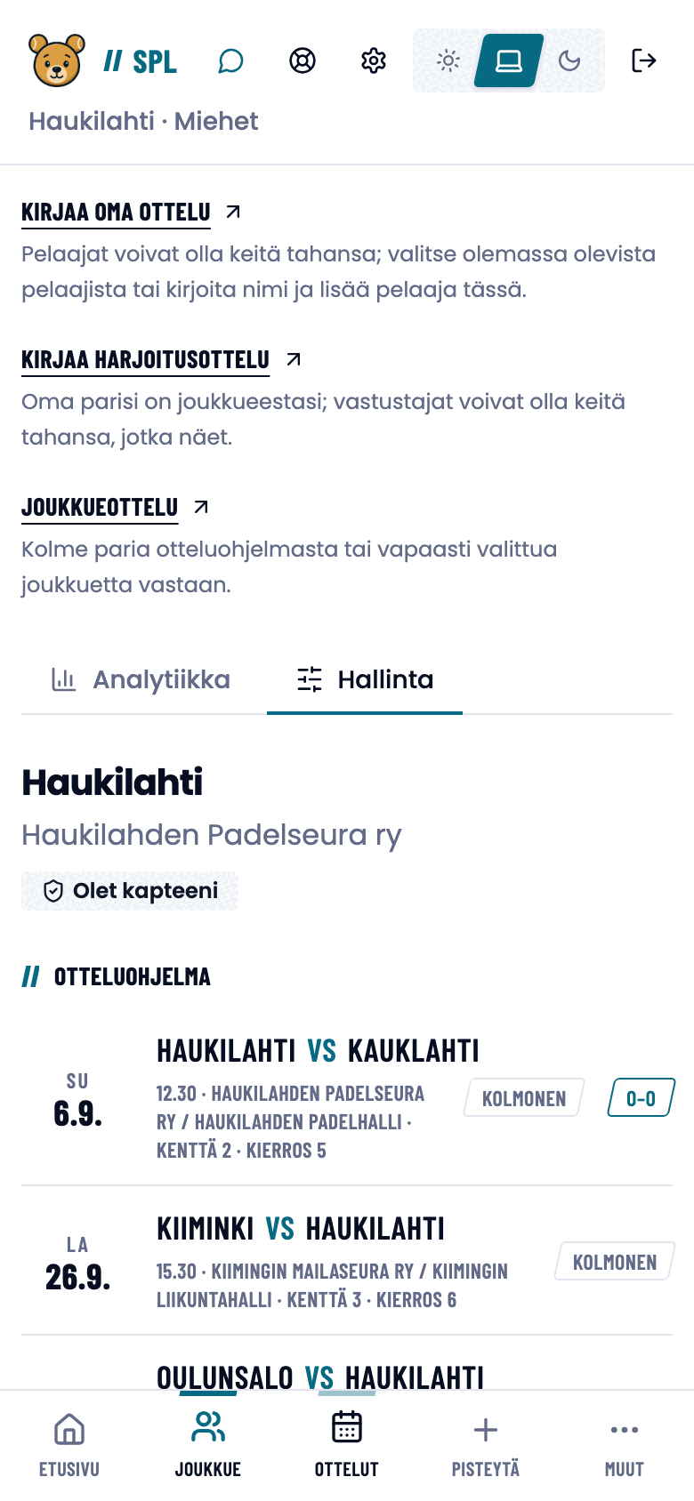 Joukkuesivun Hallinta-välilehti, jossa tunnus Olet kapteeni.