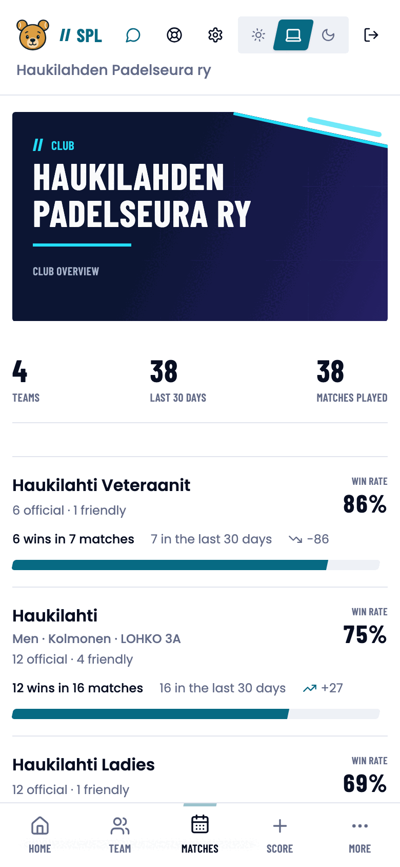 The club dashboard in a player's view: team cards without management buttons.