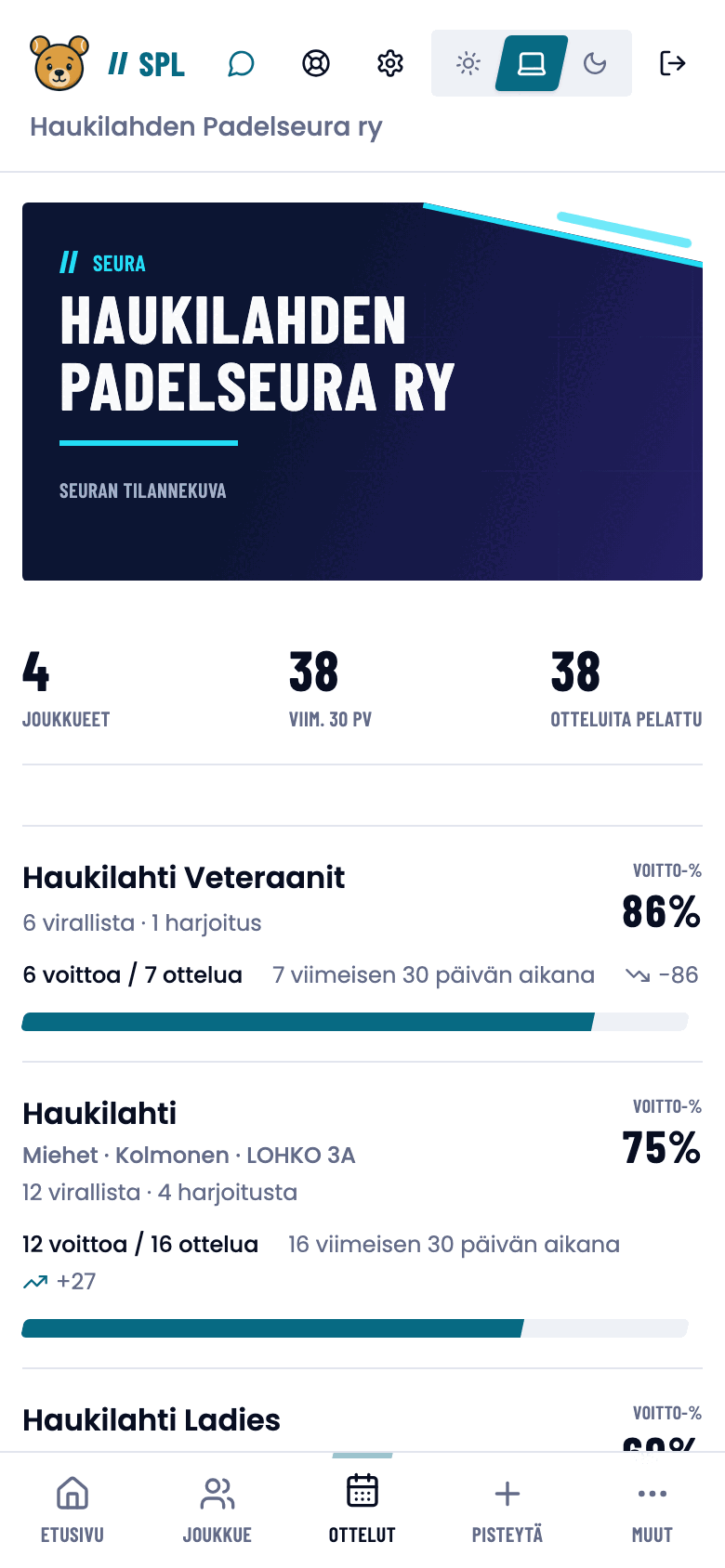 Seuran tilannekuva pelaajan näkymässä: joukkuekortit ilman hallintapainikkeita.