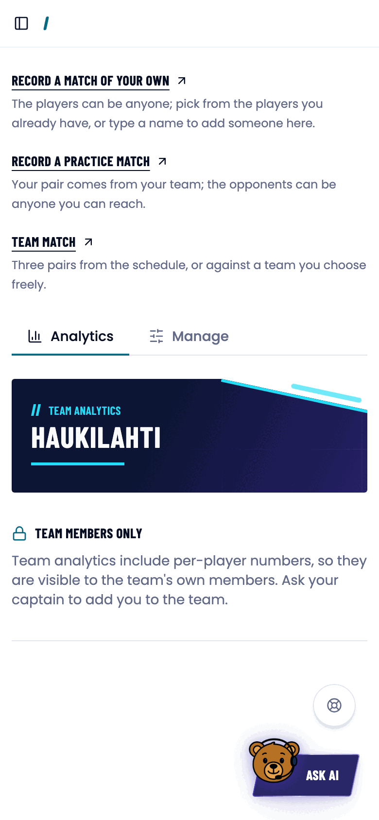 A federation admin's view of a team page: analytics are locked.