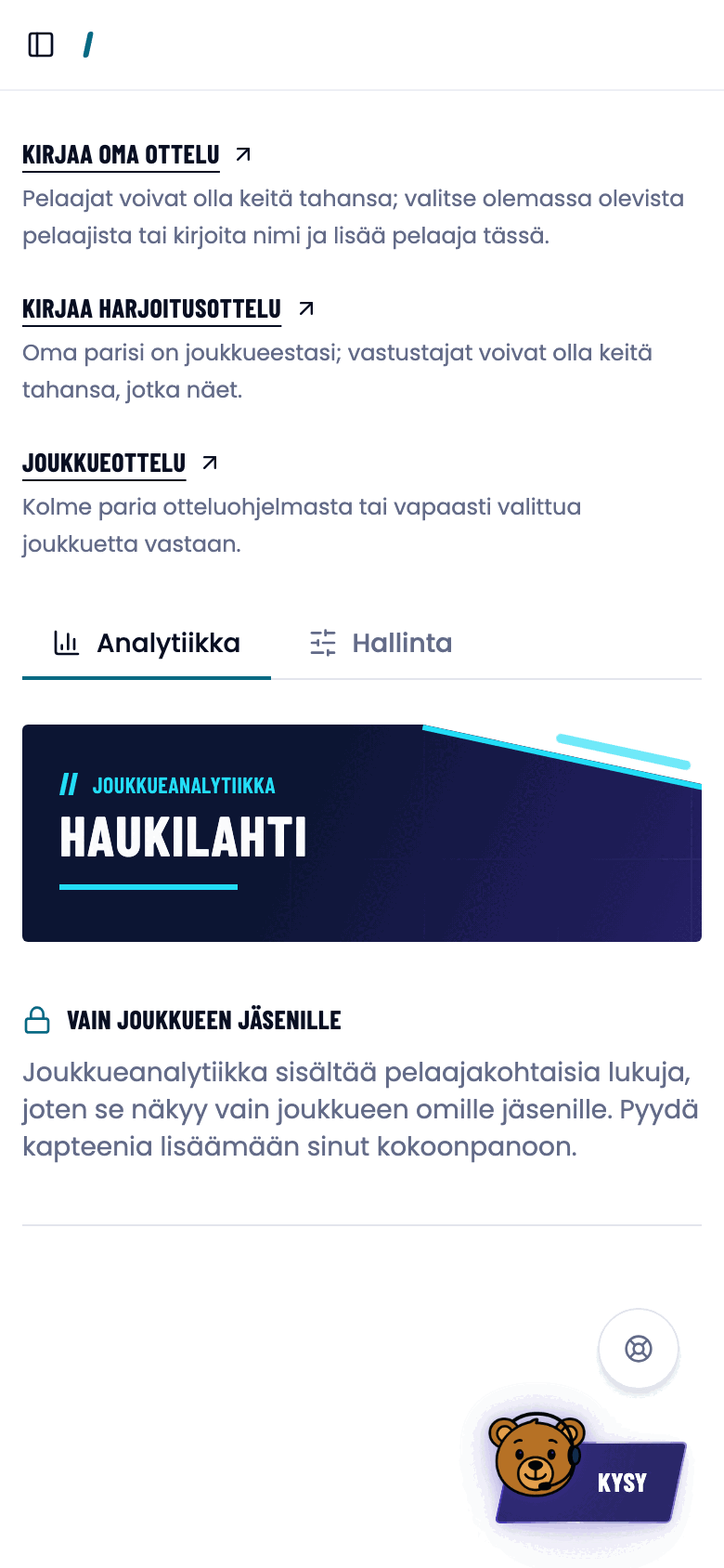 Liiton ylläpitäjän näkymä joukkuesivulla: analytiikka on lukittu.