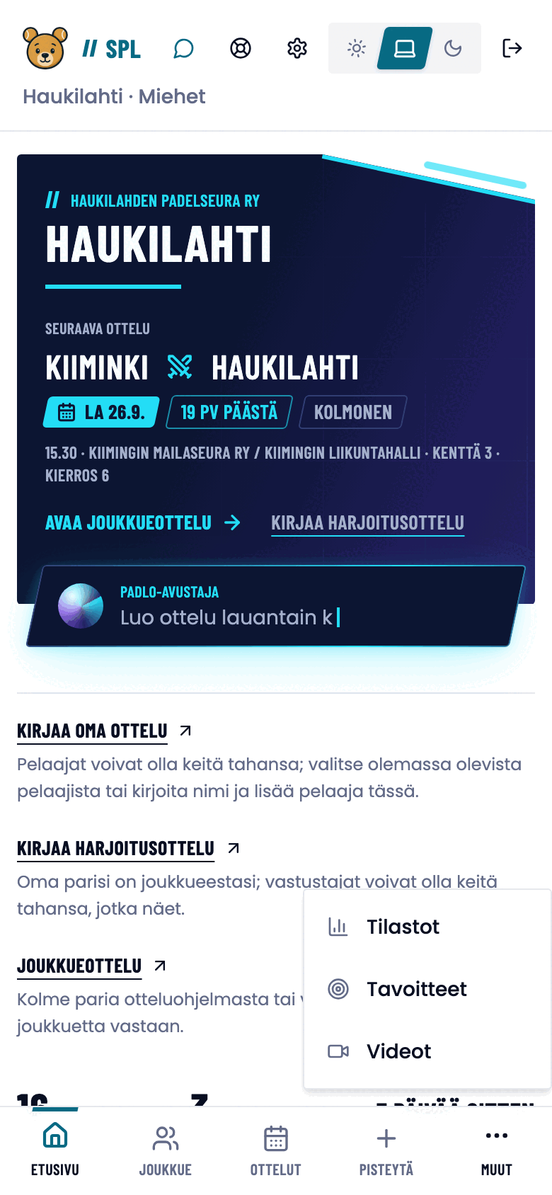 Alapalkin Muut-valikko auki